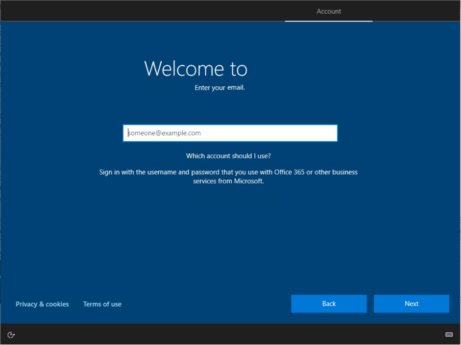 Figure 2 Windows 10 OOBE Welcome Screen